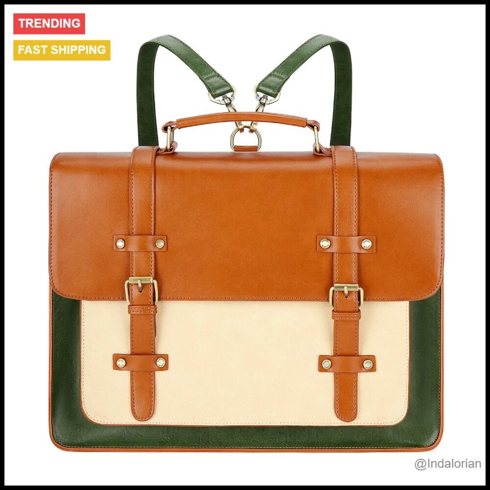 Vegan Leather Laptop Messenger Bag Convertible Backpack Retro Briefcase Satchel